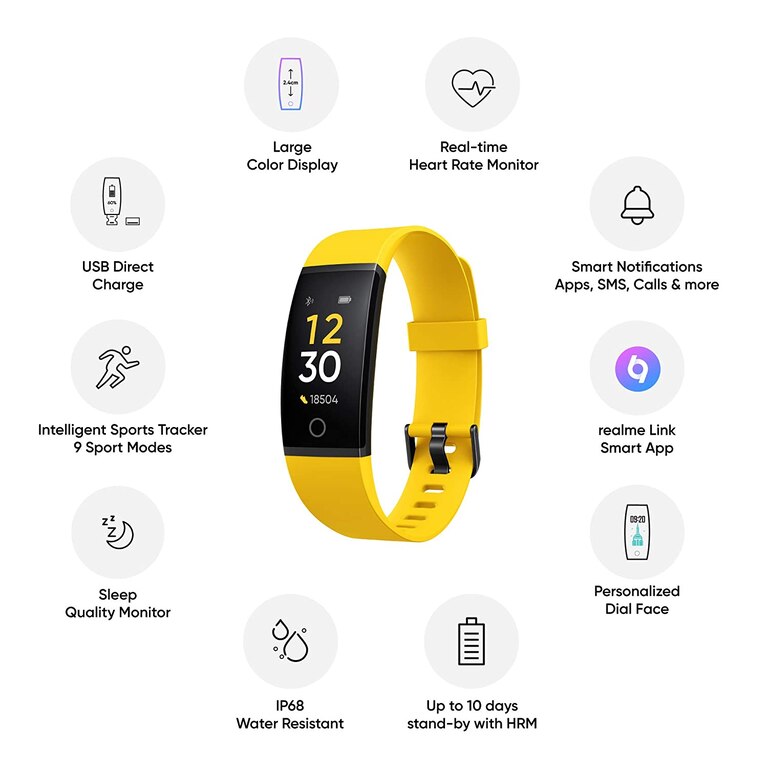 Realme Band (Yellow) - Full Colour Screen With Touchkey, Real-time Heart Rate Monitor, In-Built USB Charging, IP68 Water Resistant